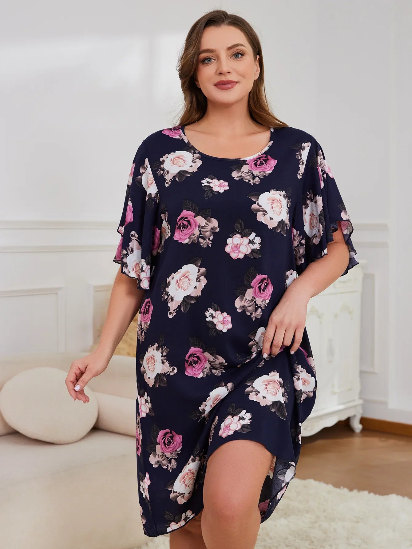 Plus Size Floral Print Women Nightgown Round Neck Short Sleeves Sleepwear Summer Female Nightwear Homwear Clothing Pajama Dress