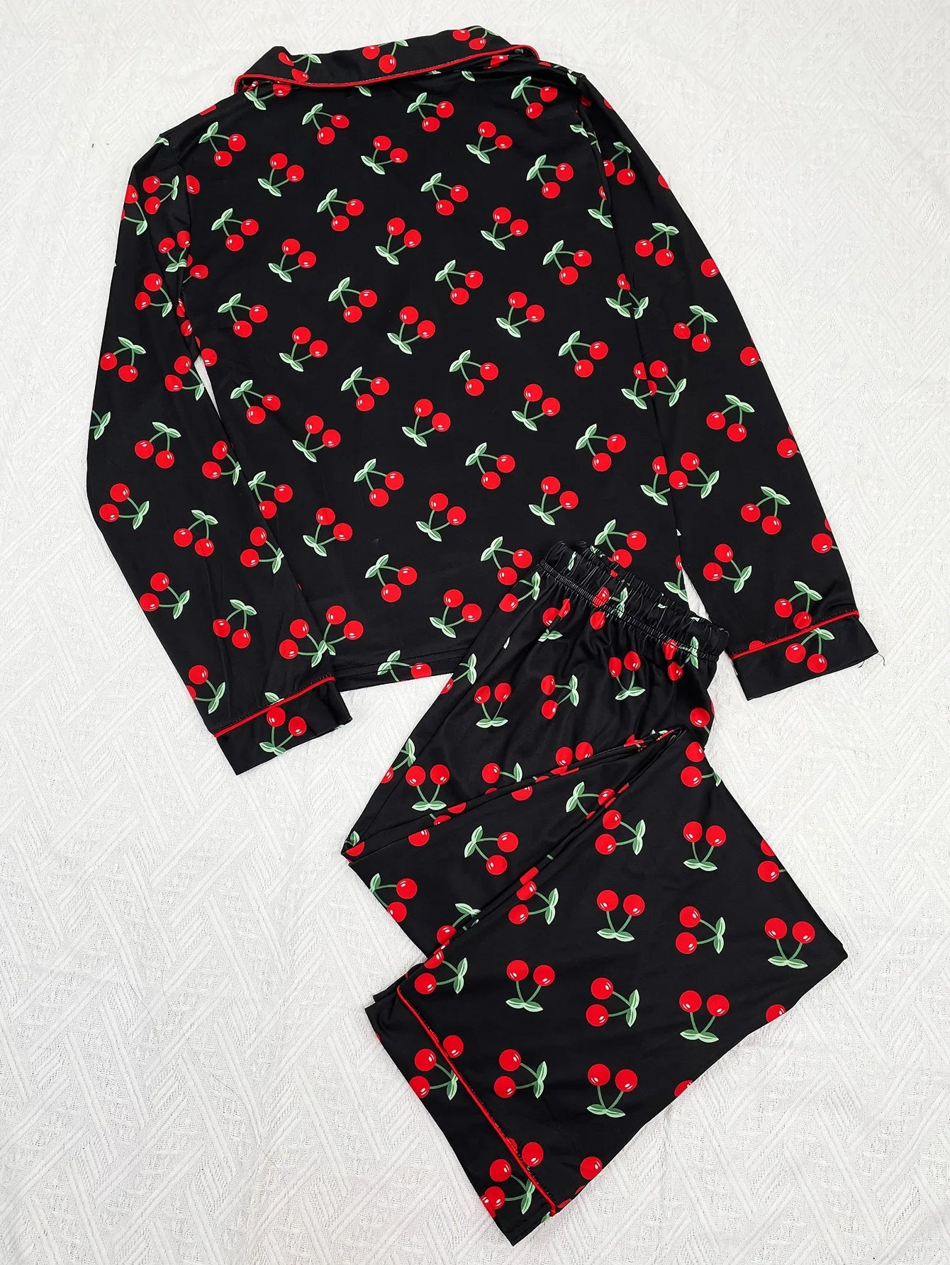 Cherry Print Women Pajama Set Long Sleeves Turn Down Collar Top & Full-Length Pants 2 Pieces Female Sleepwear Nightwear