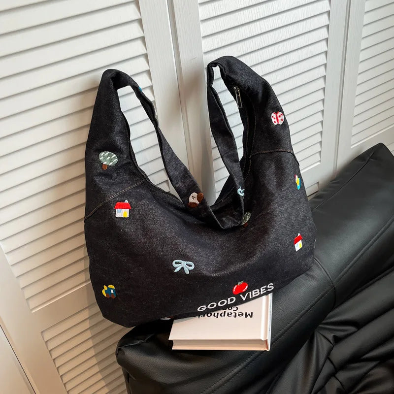 2025 Denim Crossbody Bag Japanese-style Embroidered Cartoon Print Single-shoulder Tote Bag Ins Simple Large-capacity Bag