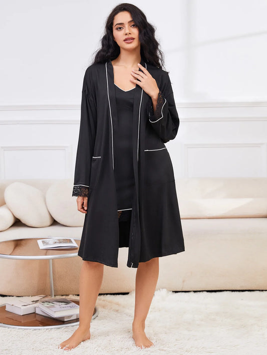 Lace Trim Sleeveless V Neck Solid Women Nightgown & Long Sleeves Robe Female 2 Pcs Spring Autumn Winter Sleepwear Homewear