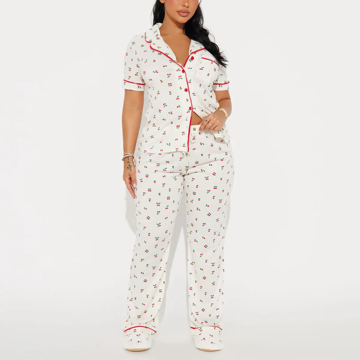 Cherry Print Women Pajama Set Short Sleeves Turn Down Collar Top & Full-Length Pants 2 Pieces Female Sleepwear Nightwear