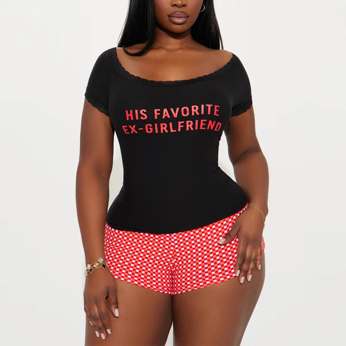 Women Pajama Set Short Sleeeves O Neck Letter Print Lace Top & Plaid Shorts 2 Pieces Female Sleepwear Summer Nightwear