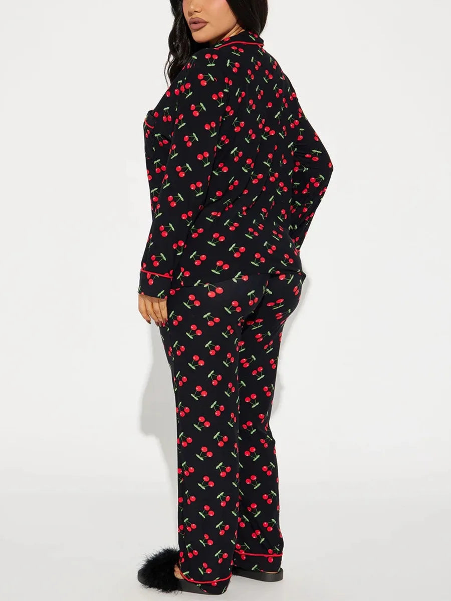 Cherry Print Women Pajama Set Long Sleeves Turn Down Collar Top & Full-Length Pants 2 Pieces Female Sleepwear Nightwear