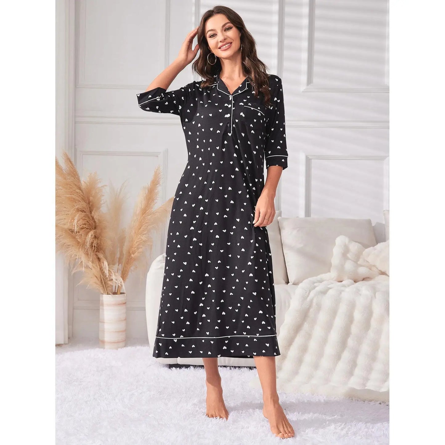 Women Nightgown Notched Collar Female Sleepwear Dress with Chest Pocket Half Sleeve Fall Nightwear Front Button Homwear Clothing