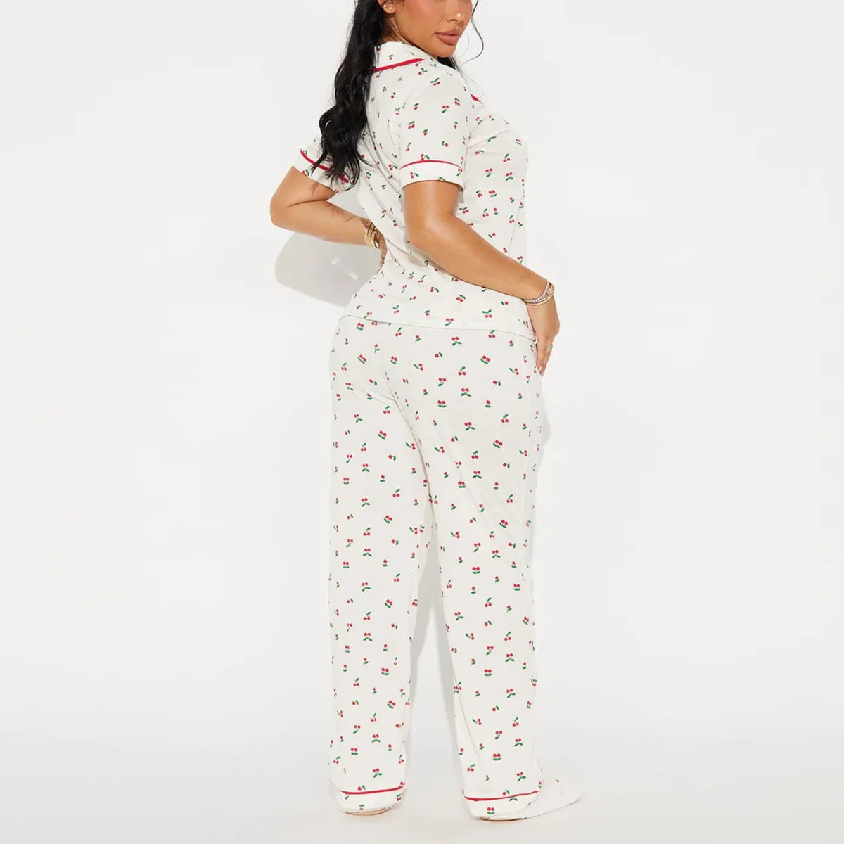 Cherry Print Women Pajama Set Short Sleeves Turn Down Collar Top & Full-Length Pants 2 Pieces Female Sleepwear Nightwear