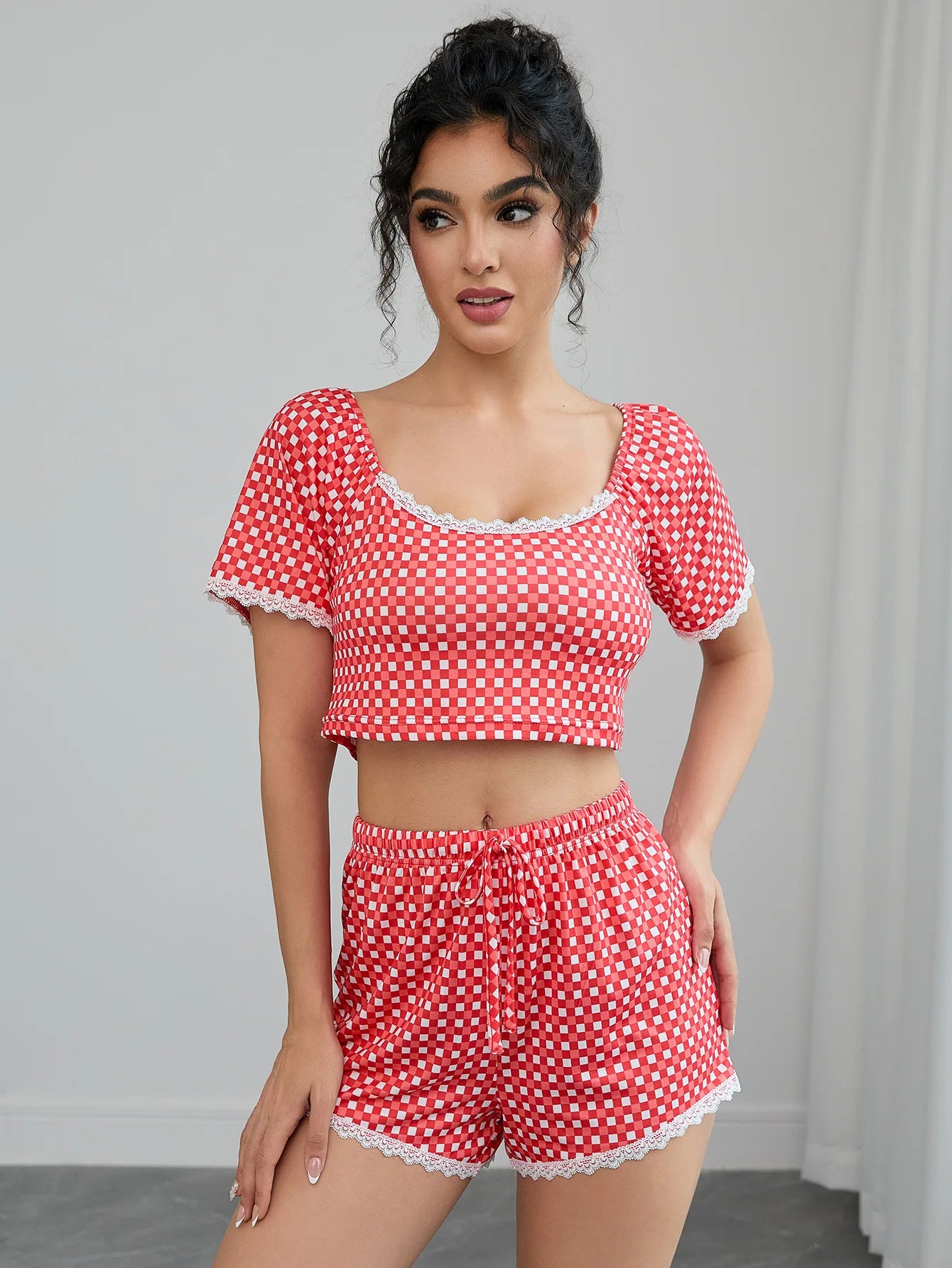Lace Plaid Women's Pajamas Set O Neck Crop Top & Elastic Waist Shorts 2 Pieces Sleepwear Nightwear Homewear Cloth for Summer
