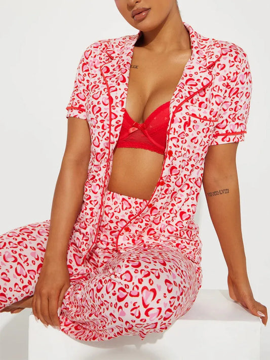 Heart Print Women Pajama Set Short Sleeves Turn Down Collar Top & Full-Length Pants 2 Pieces Female Sleepwear Nightwear
