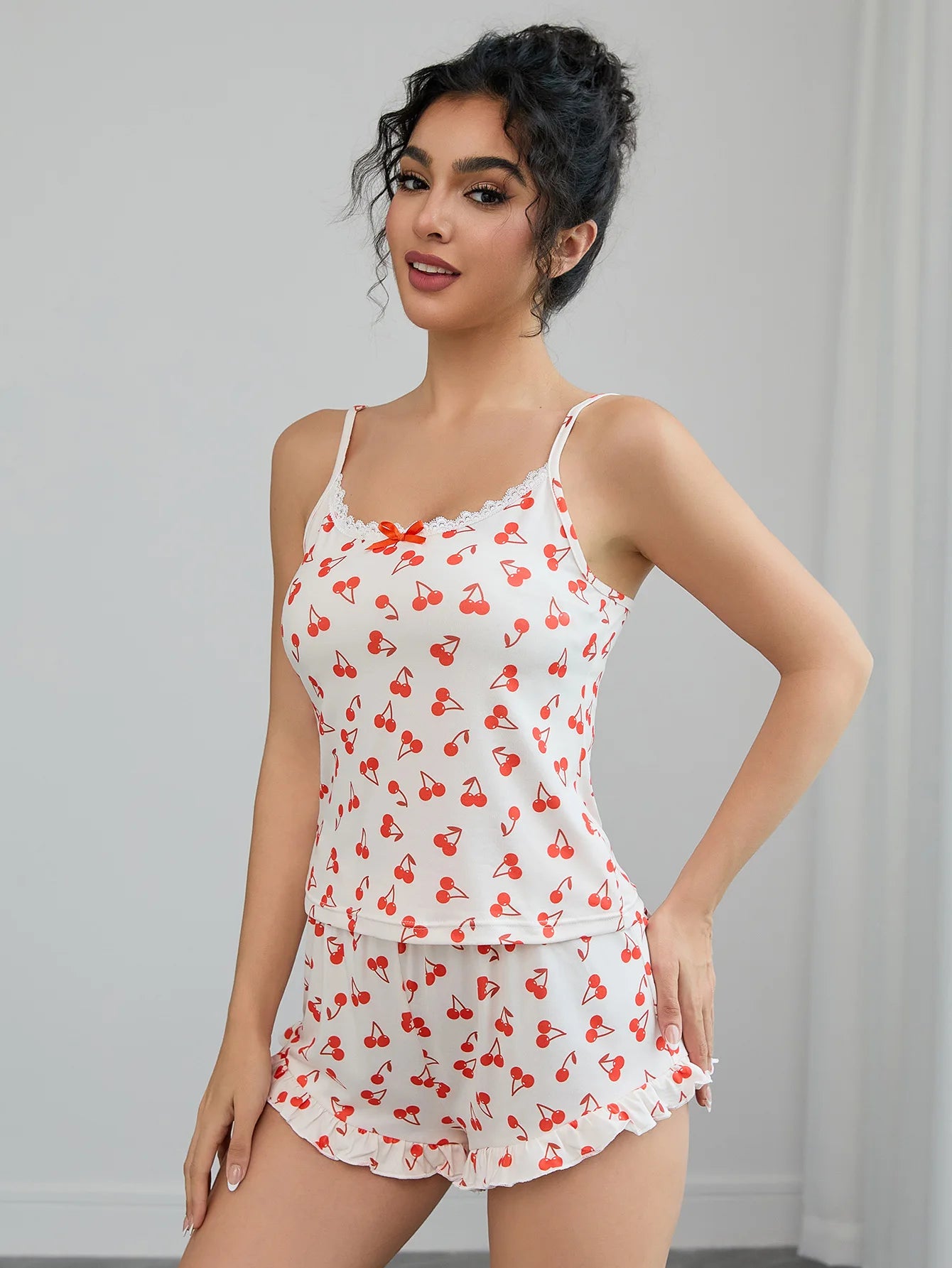 Cherry Print Women's Pajamas Set Sleeveless Top & Elastic Waist Shorts 2 Pieces Sleepwear Nightwear Homewear Cloth for Summer