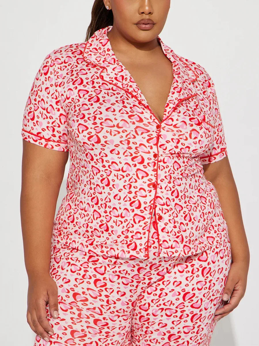 Heart Print Women Pajama Set Short Sleeves Turn Down Collar Top & Full-Length Pants 2 Pieces Female Sleepwear Nightwear