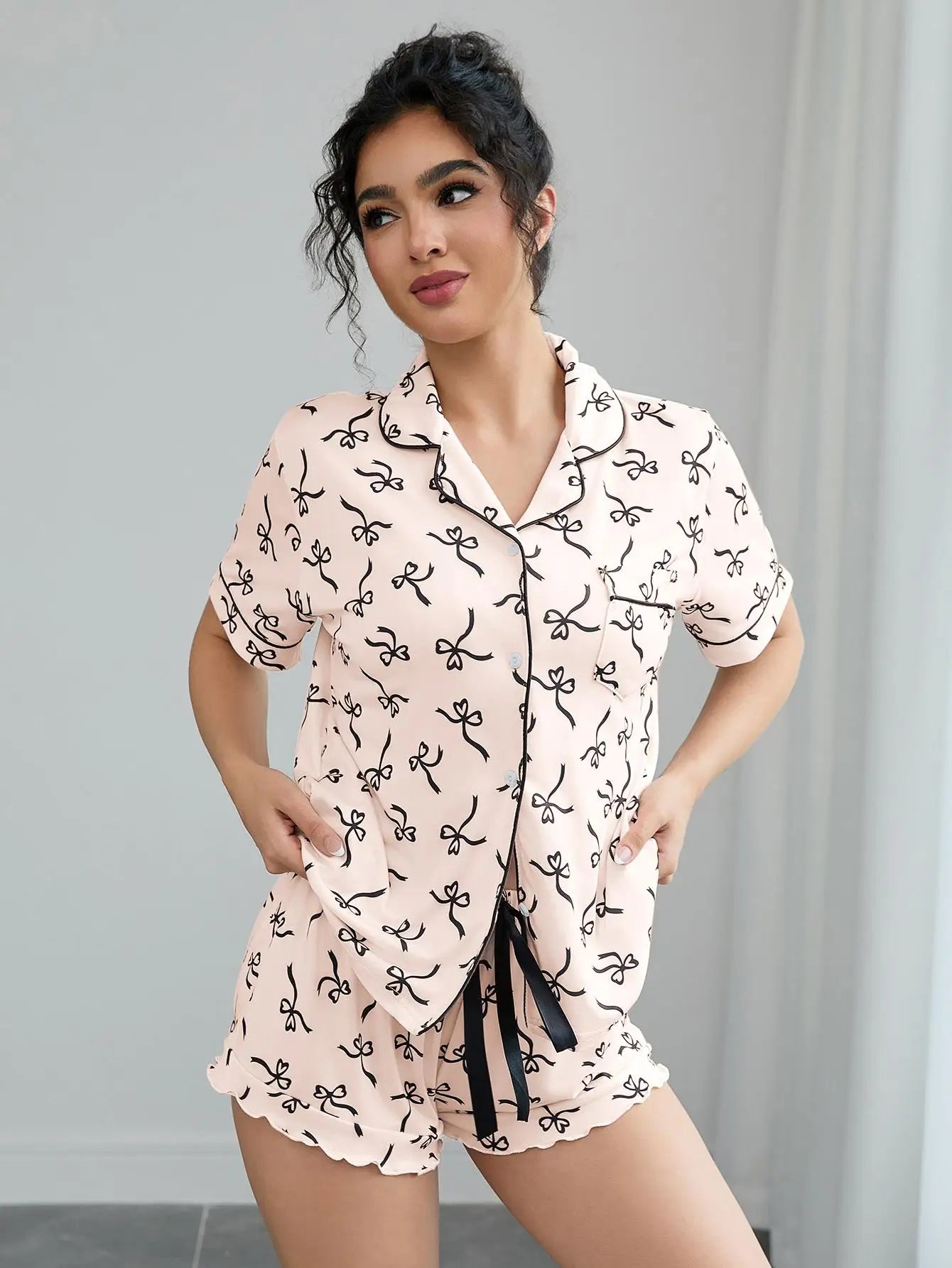 Summer Women's Pajamas Sets Short Sleeve Notched Collar Front Button Top & Elastic Waist Shorts Home Suit Loungewear Sleepwear
