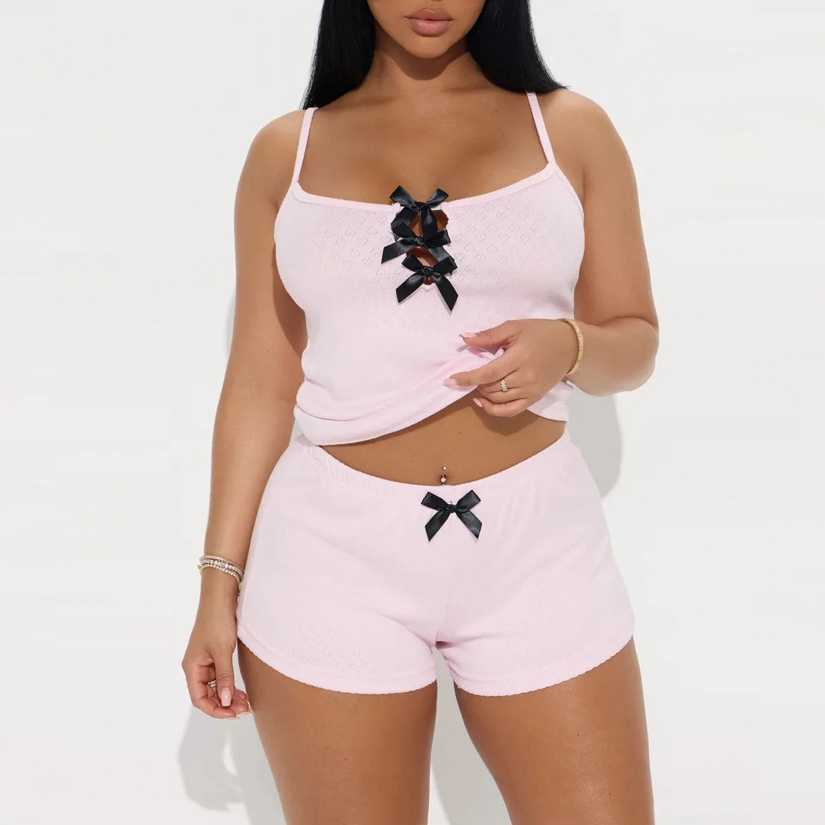 Solid Women's Pajamas Set Sleeveless Front Tie Top & Elastic Waist Shorts Female Sleepwear 2 Pieces Nightwear Homewear