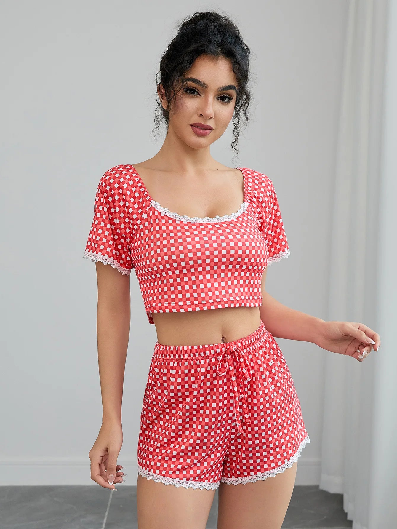 Lace Plaid Women's Pajamas Set O Neck Crop Top & Elastic Waist Shorts 2 Pieces Sleepwear Nightwear Homewear Cloth for Summer