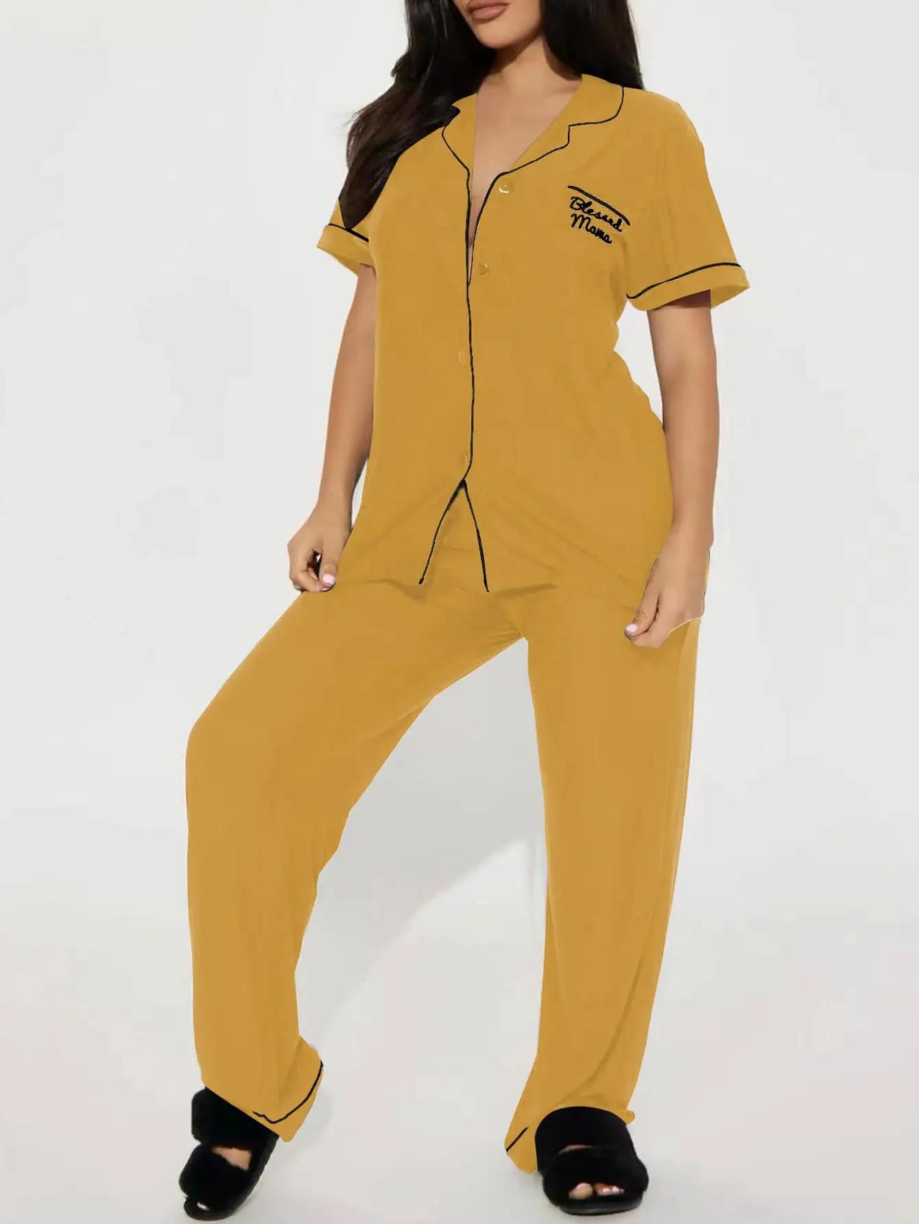 Solid Women Pajama Sets Short Sleeves Front Button Top & Full-Length Pants 2 Piece Letter Print Female Sleepwear Nightwear