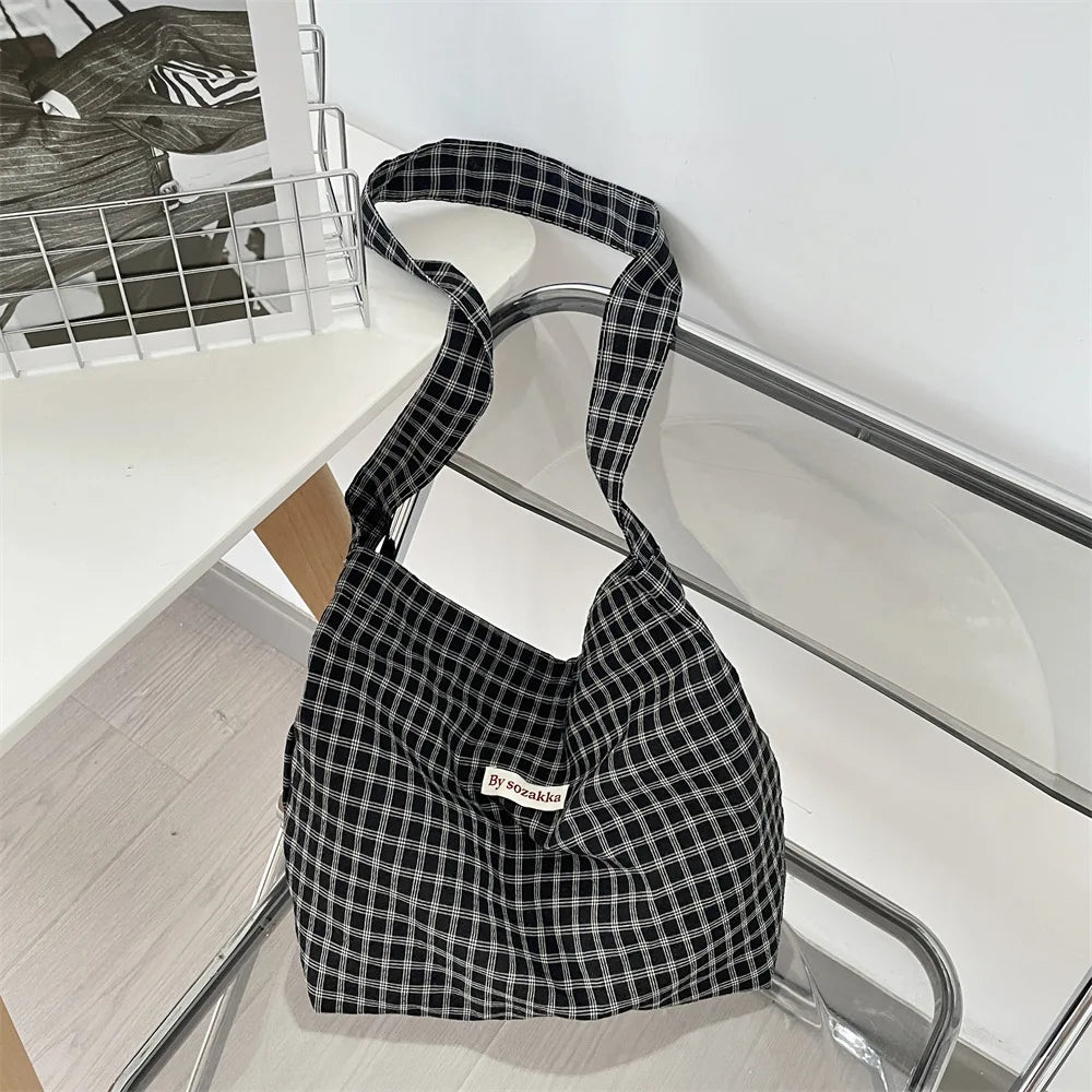 Korean Version Simple and Lightweight Checkered Crossbody Tote Bag 2025 New Versatile Shoulder Bag Plaid Summer Canvas Bag