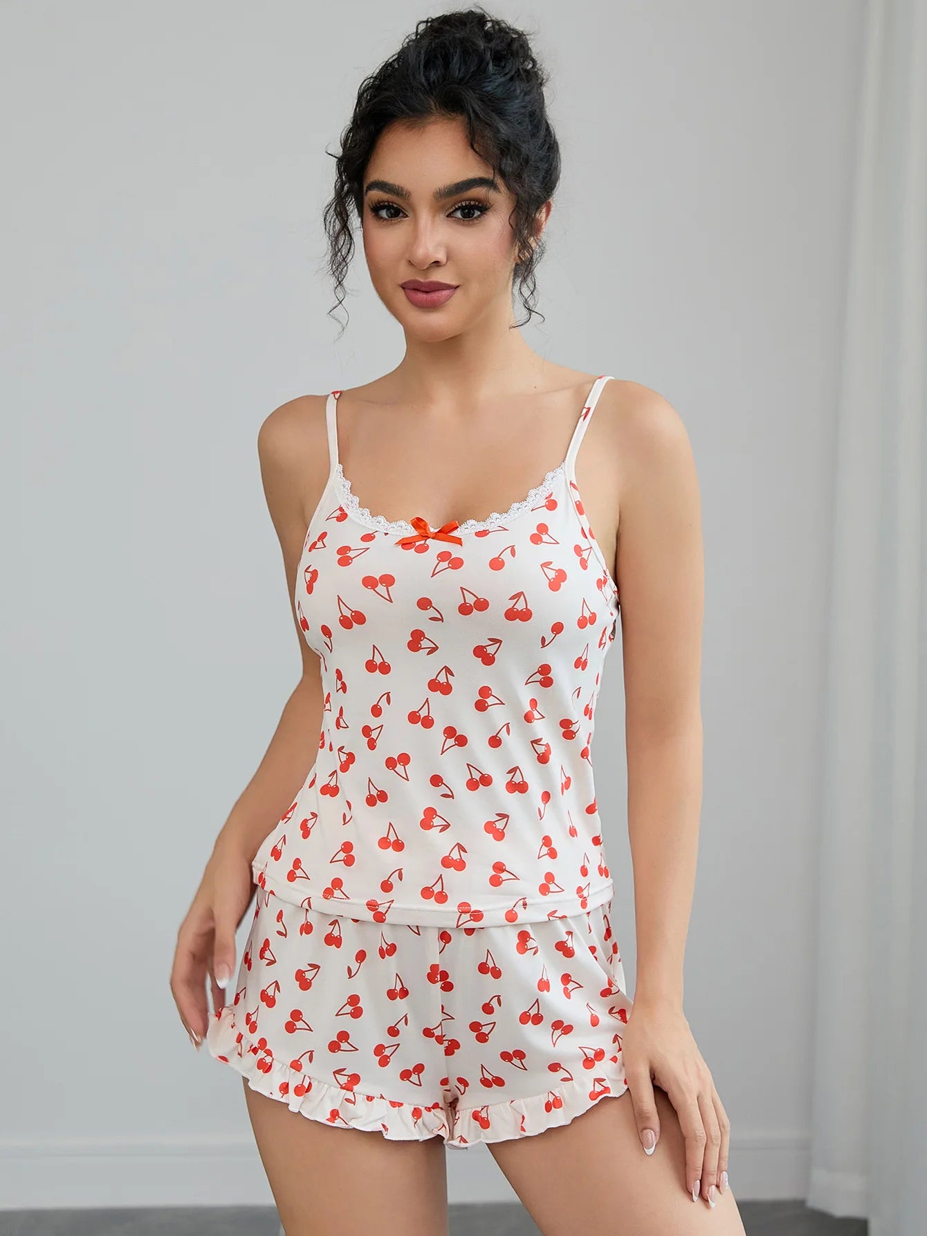 Cherry Print Women's Pajamas Set Sleeveless Top & Elastic Waist Shorts 2 Pieces Sleepwear Nightwear Homewear Cloth for Summer