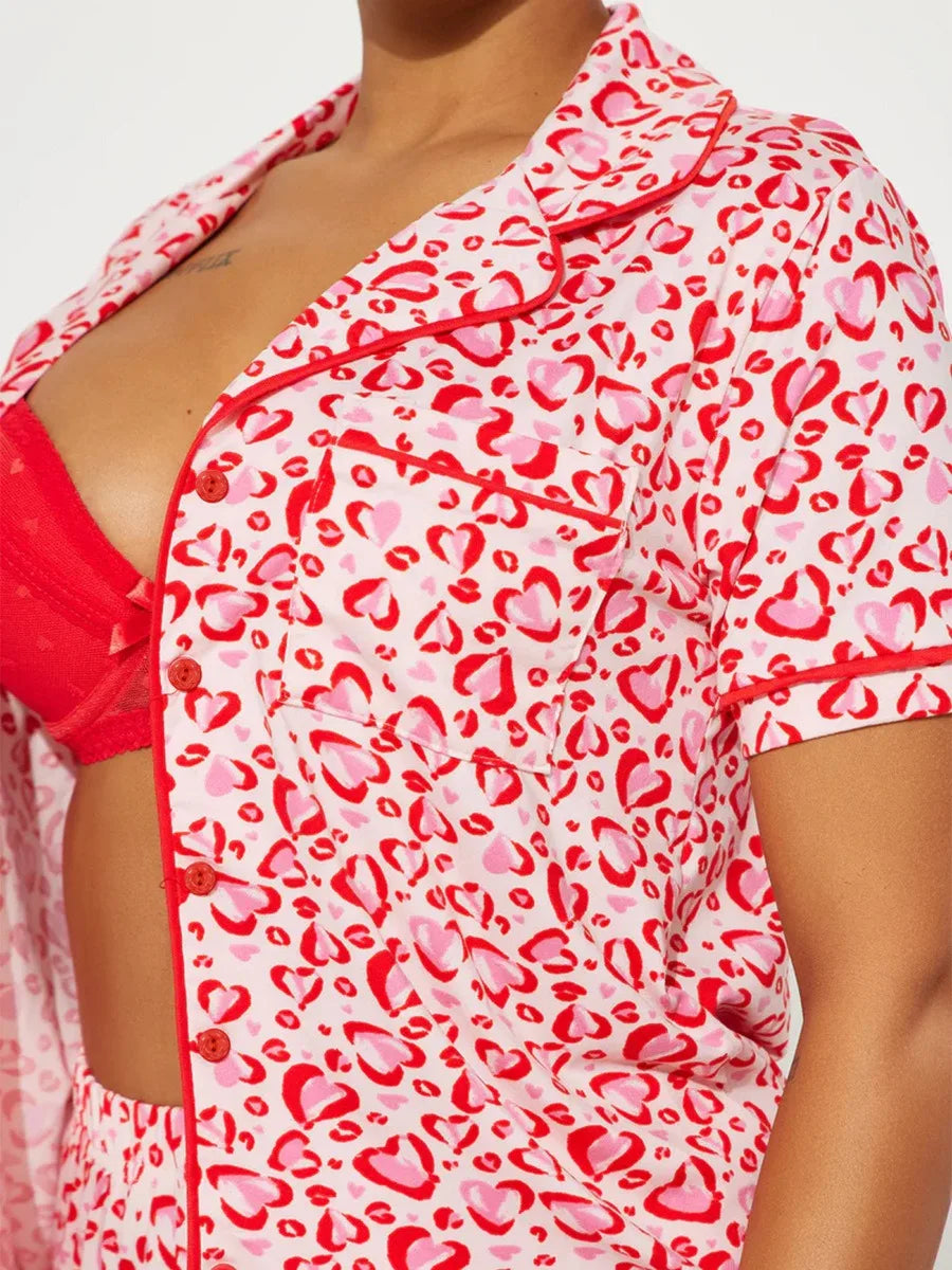 Heart Print Women Pajama Set Short Sleeves Turn Down Collar Top & Full-Length Pants 2 Pieces Female Sleepwear Nightwear