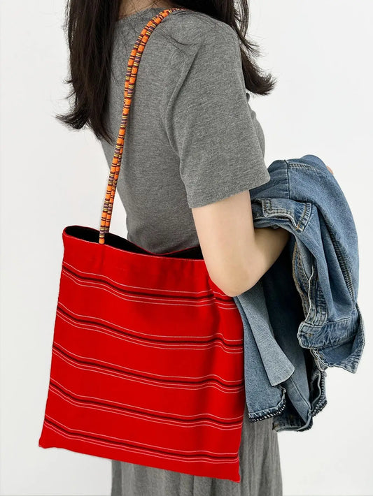 Striped Print Double Side Canvas Tote Bags Reusable Grocery Women Shoulder Shopping Handbag Gifts for Women Girls Birthday