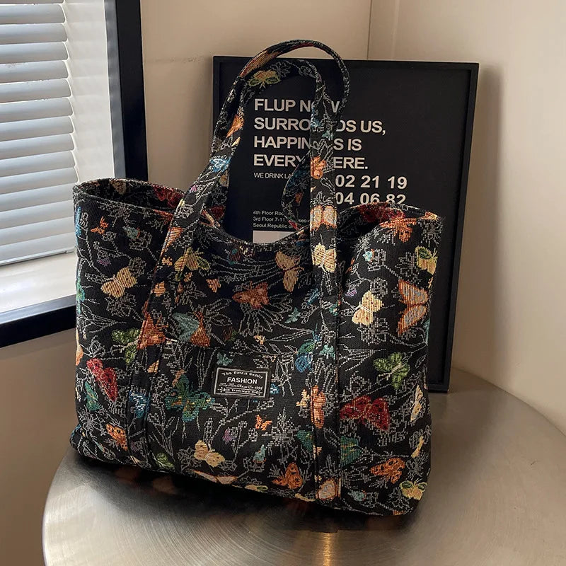 High-end Large-capacity Canvas Bag for Women 2025 Fashionable Butterfly Print Commuter Tote Bag Female Ins Student Class Bag