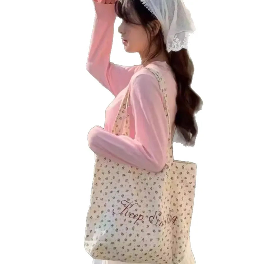 French-style Floral Print Girl Blue Canvas Bag Retro and Niche Large-capacity Single-shoulder Bag with Letters for Students