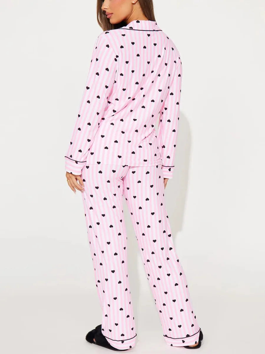 Heart Print Striped Women Pajama Set Long Sleeves Turn Down Collar Top & Full-Length Pants Female 2 Pieces Sleepwear Nightwear