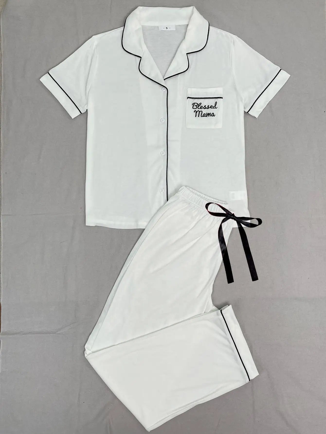 Solid Women Pajama Sets Short Sleeves Front Button Top & Full-Length Pants 2 Piece Letter Print Female Sleepwear Nightwear