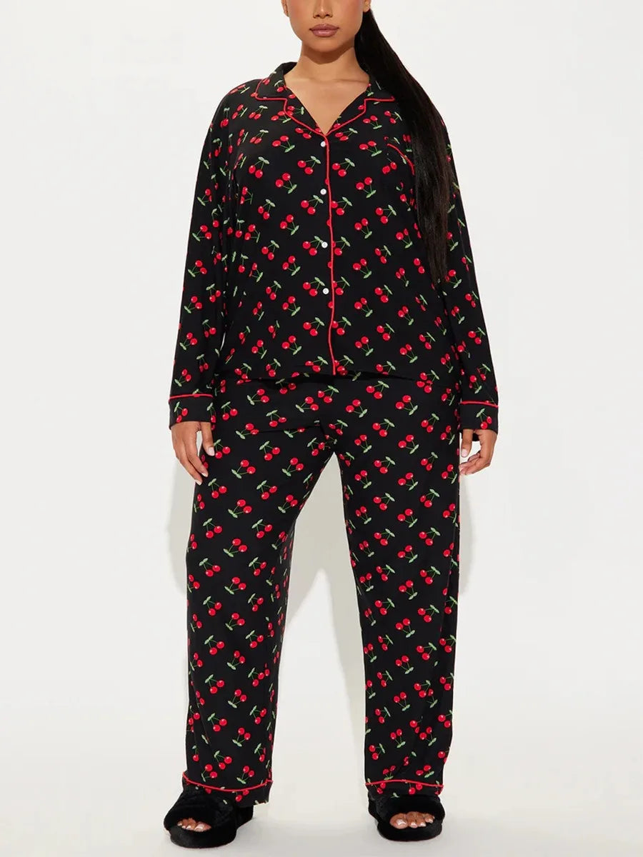 Cherry Print Women Pajama Set Long Sleeves Turn Down Collar Top & Full-Length Pants 2 Pieces Female Sleepwear Nightwear