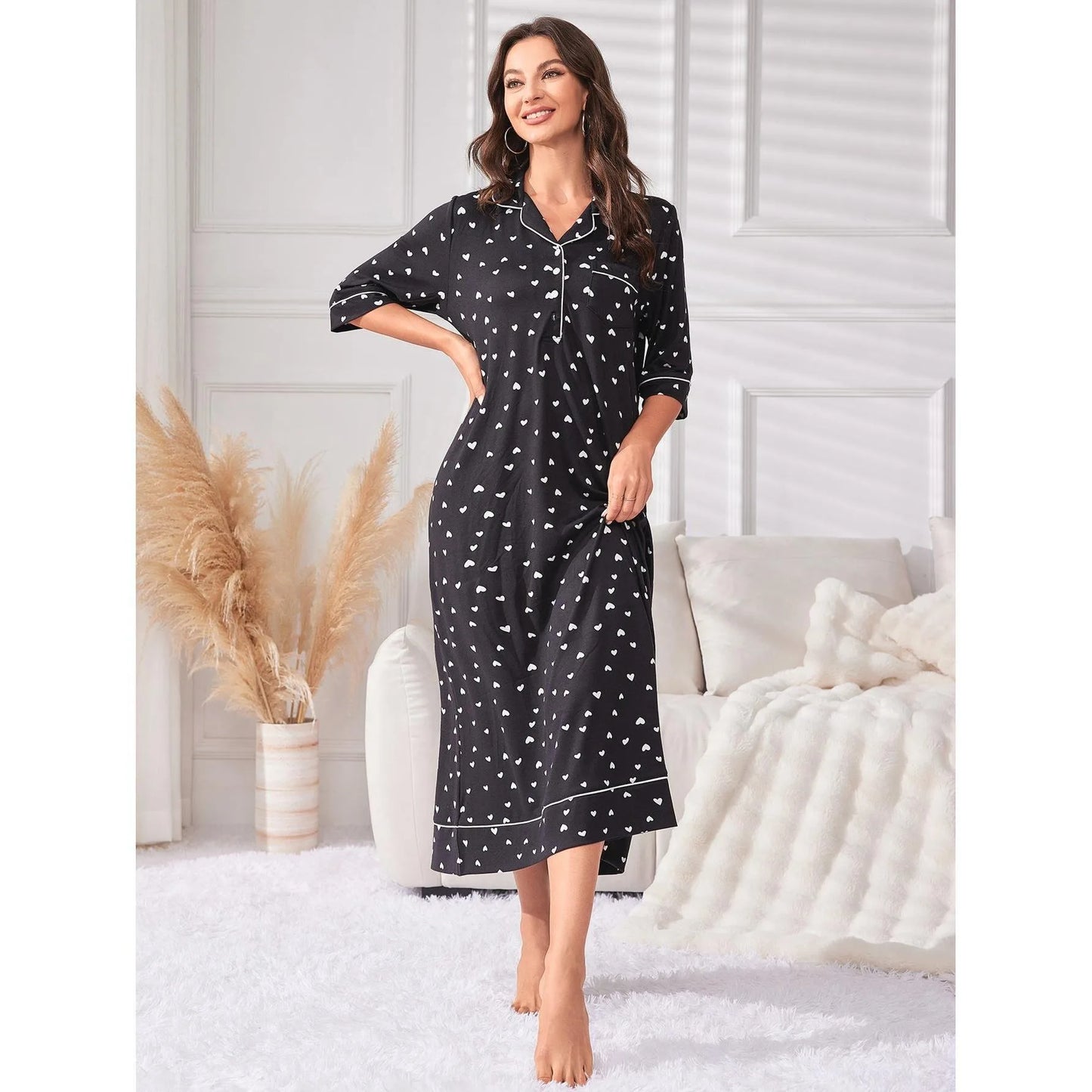Women Nightgown Notched Collar Female Sleepwear Dress with Chest Pocket Half Sleeve Fall Nightwear Front Button Homwear Clothing