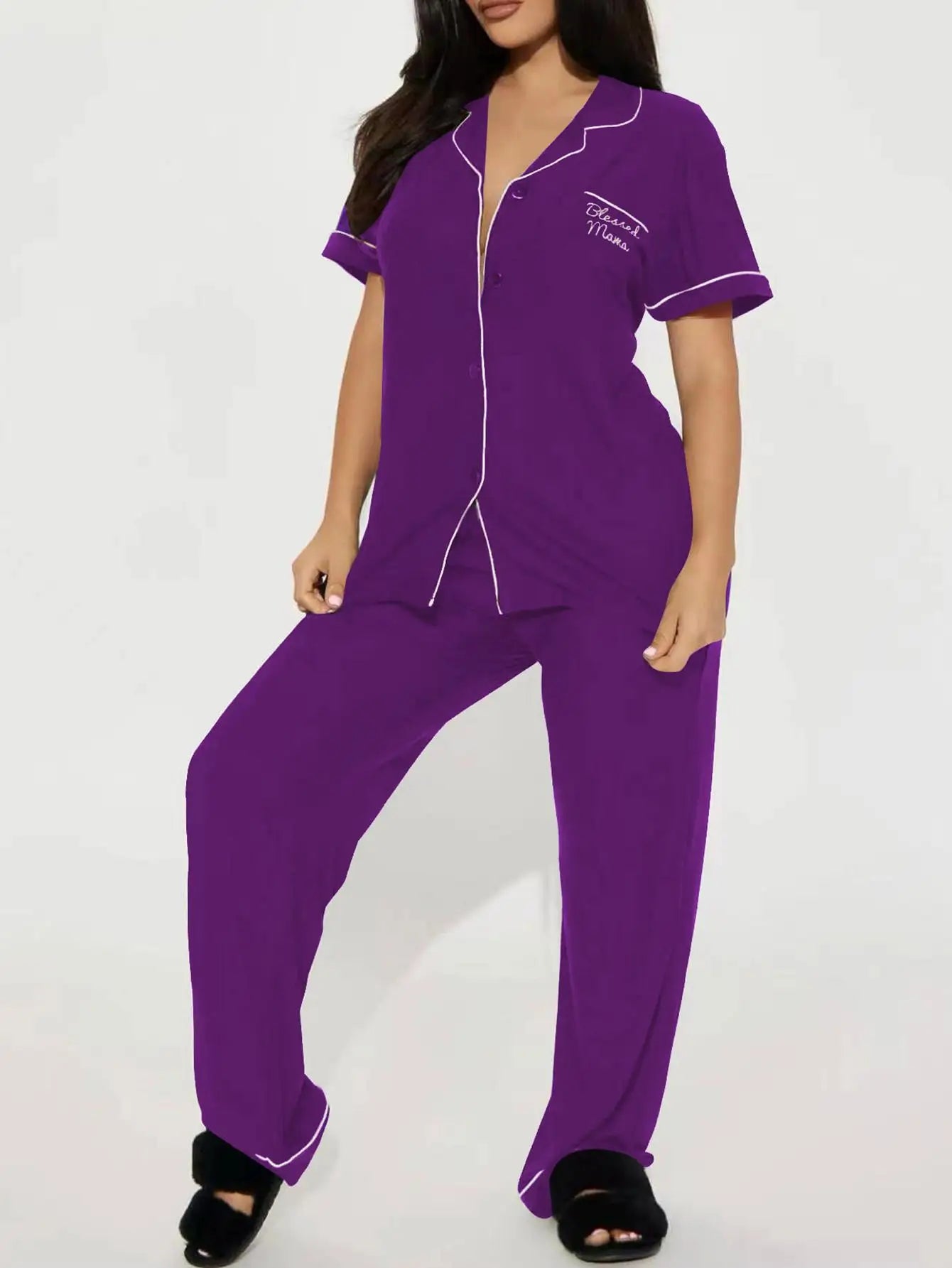 Solid Women Pajama Sets Short Sleeves Front Button Top & Full-Length Pants 2 Piece Letter Print Female Sleepwear Nightwear