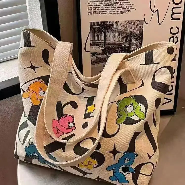 Large-capacity Student Canvas Tote Bag Commuter New Style Bag Versatile Printed Mommy Casual Hand and Shoulder Shopping Bag