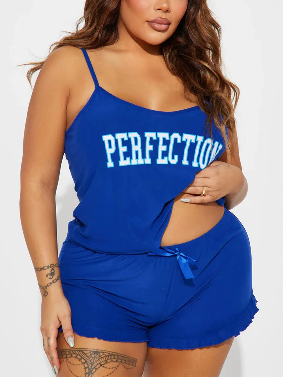 Letter Print Women Pajama Set Sleeveless O Neck Top & Elastic Waist Ruffle Trim Shorts Female 2 Pieces Sleepwear Nightwear