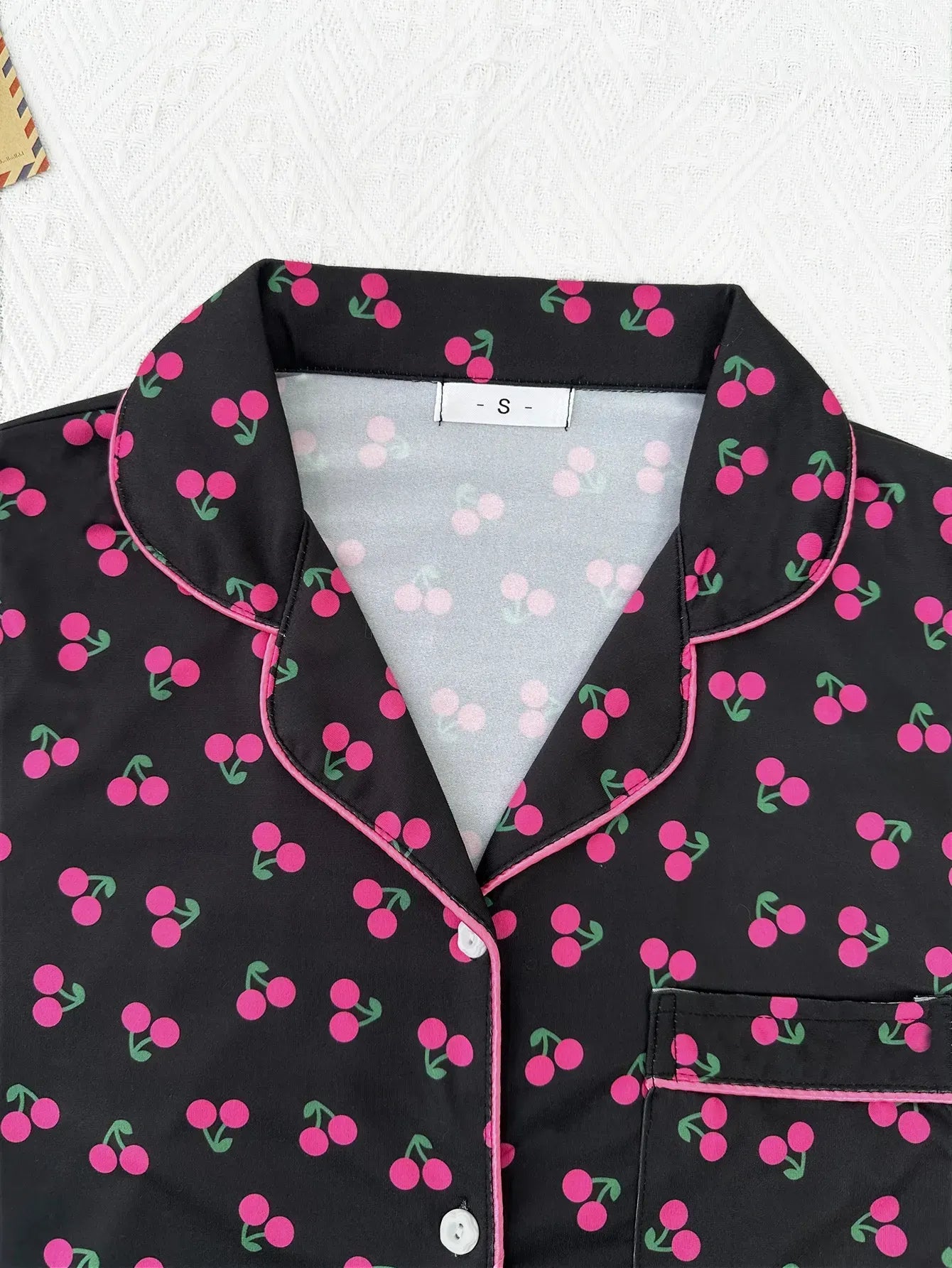 Cherry Print Women's Pajamas Set Turn Down Collar Top & Shorts 2 Pieces Sleepwear Elastic Nightwear Homewear Cloth for Summer