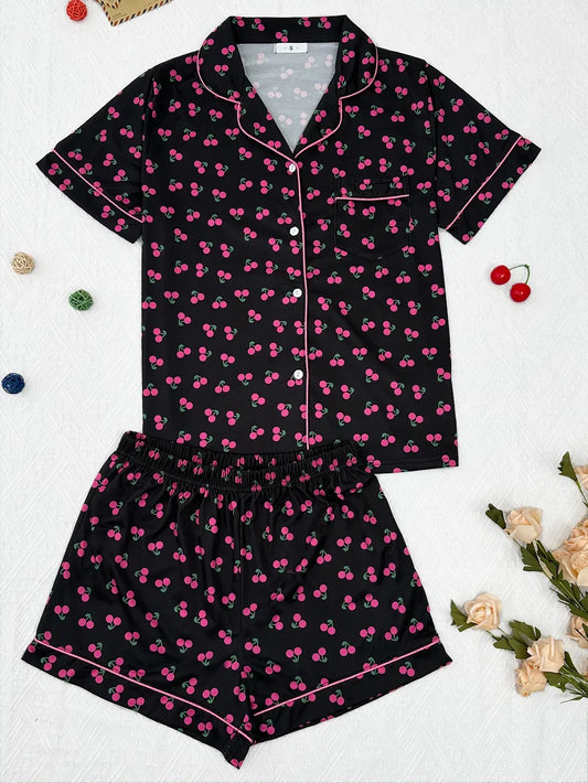 Cherry Print Women's Pajamas Set Turn Down Collar Top & Shorts 2 Pieces Sleepwear Elastic Nightwear Homewear Cloth for Summer