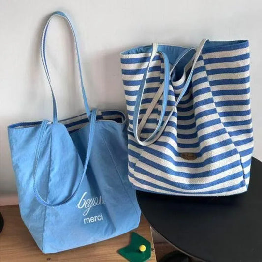 2025 Summer Striped Canvas Bag Korean Laid-back Style Tote BagmLarge Capacity Casual Single-shoulder Bag for Studentsm Women