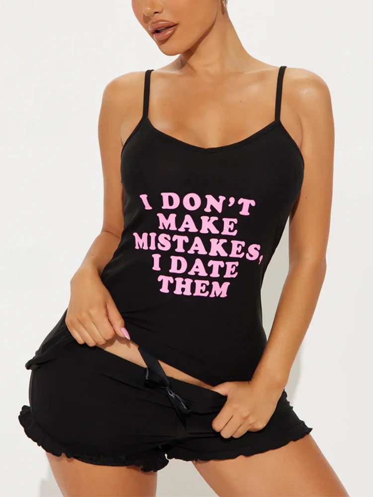 Letter Print Women Pajama Set Sleeveless O Neck Top & Elastic Waist Ruffle Trim Shorts Female 2 Pieces Sleepwear Nightwear