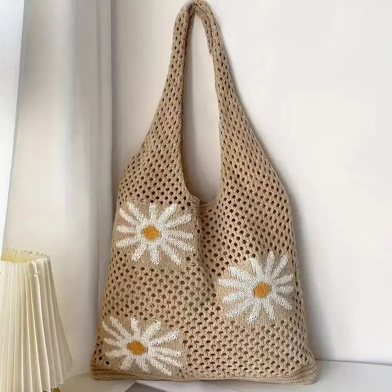 Korean-style Chic Crocheted Grid Bag Women's Summer Beach Bag Hand-woven Hollowed-out Shoulder Female Large Hollowed Bag