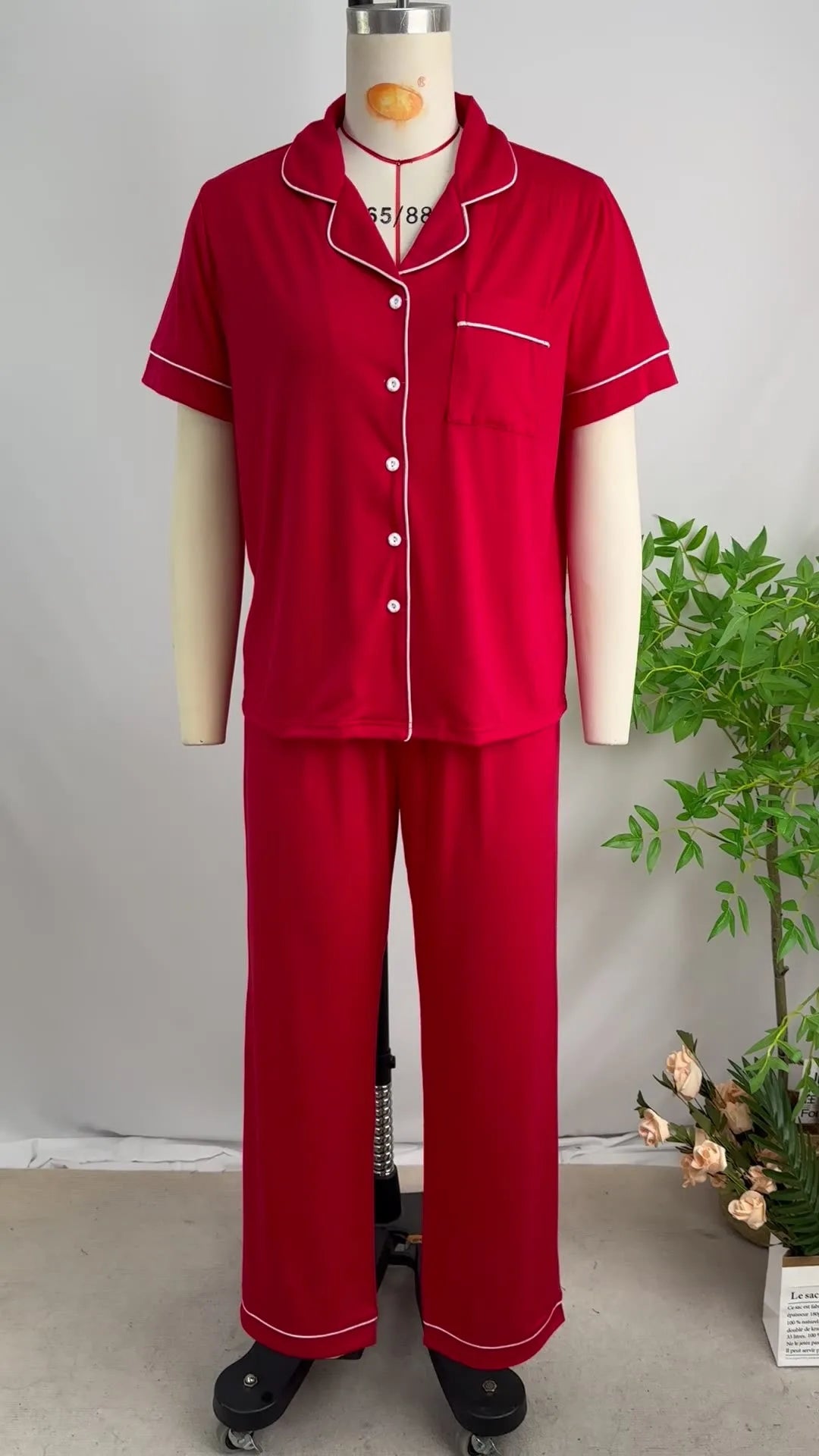 Solid Women Pajama Sets Short Sleeves Front Button Notched Collar Top & Full-Length Pants 2 Piece Female Sleepwear Nightwear