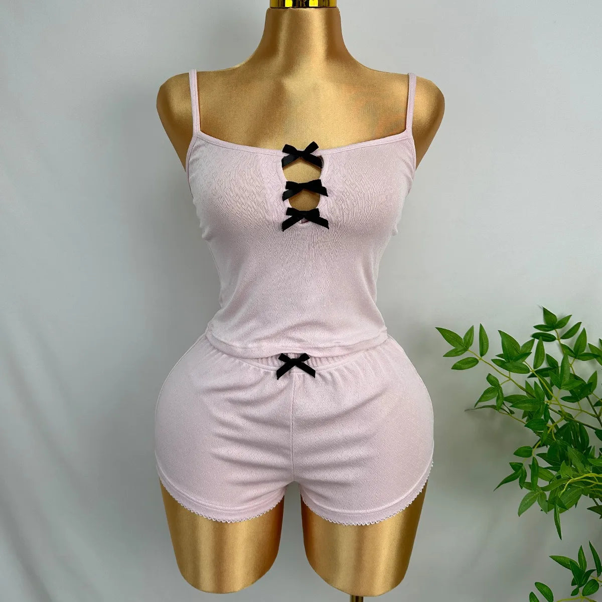 Solid Women's Pajamas Set Sleeveless Front Tie Top & Elastic Waist Shorts Female Sleepwear 2 Pieces Nightwear Homewear