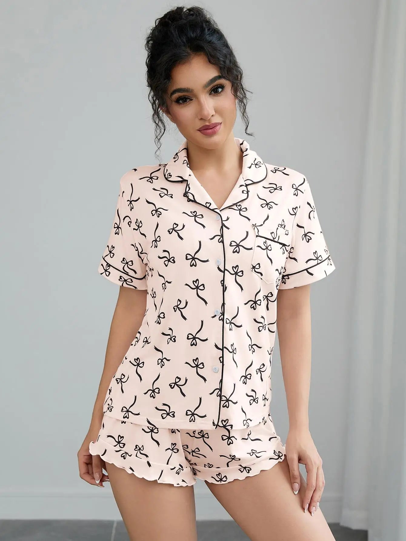 Summer Women's Pajamas Sets Short Sleeve Notched Collar Front Button Top & Elastic Waist Shorts Home Suit Loungewear Sleepwear