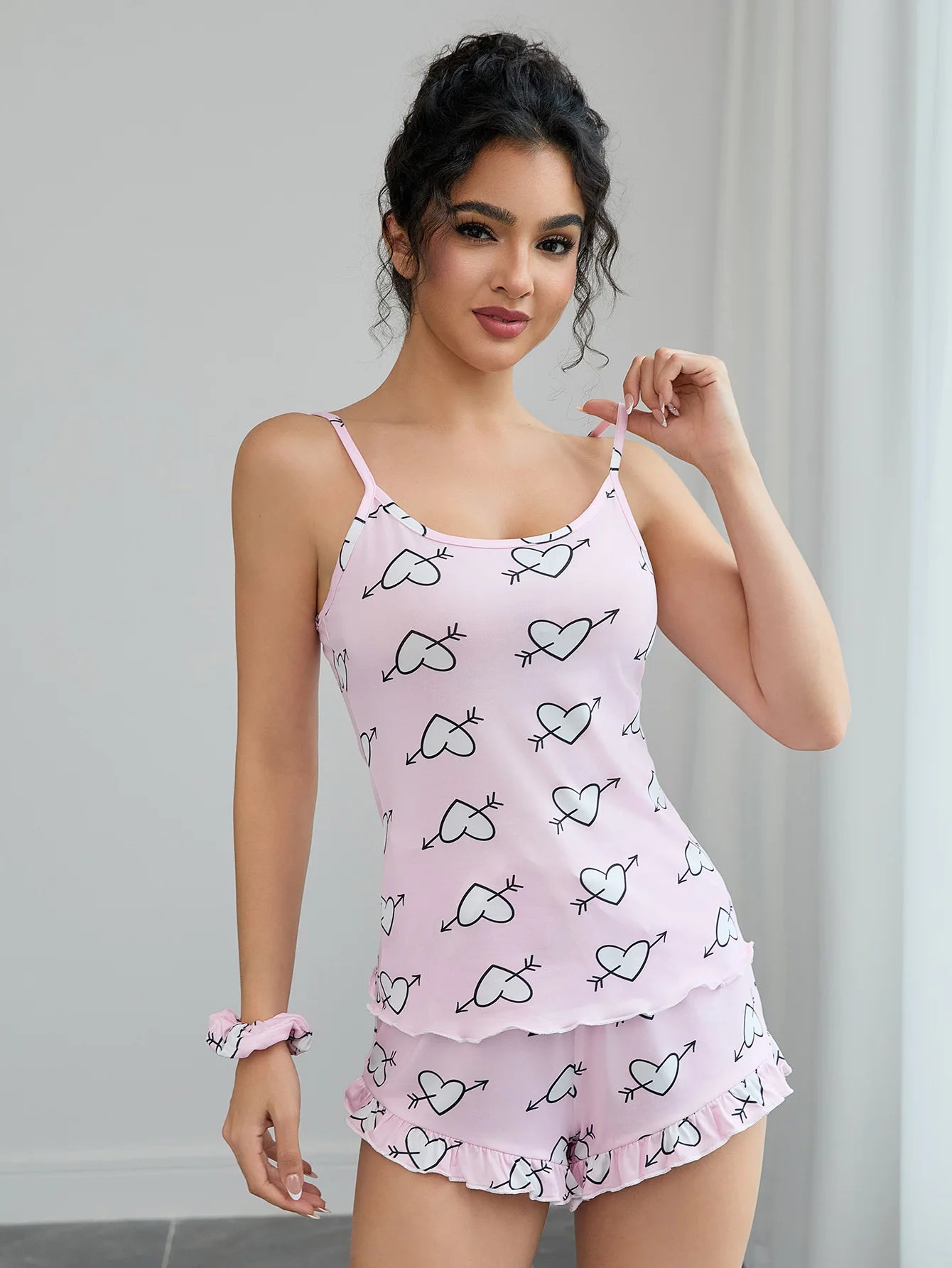 Heart Print Women's Pajamas Set Sleeveless Top & Ruffle Trim Shorts + Scrunchies Sleepwear Elastic Nightwear Homewear Cloth