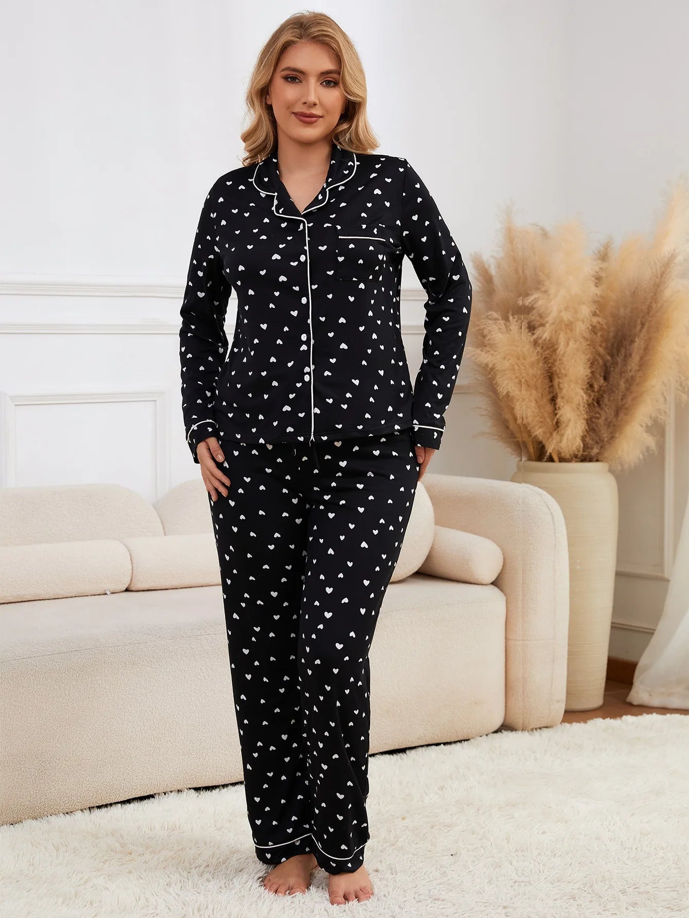 Heart Print Women Pajamas Set Long Sleeve Front Button Tops & Full-length Pants Female 2 Pcs Notched Collor Sleepwear Nightwear