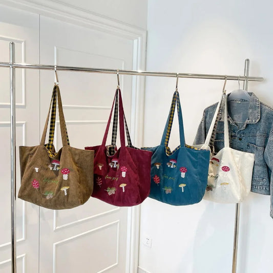 Mushroom Embroidery Single-shoulder Crossbody Bag Corduroy Checkered Double Bread Autumn and Winter New Retro Student Class Bag
