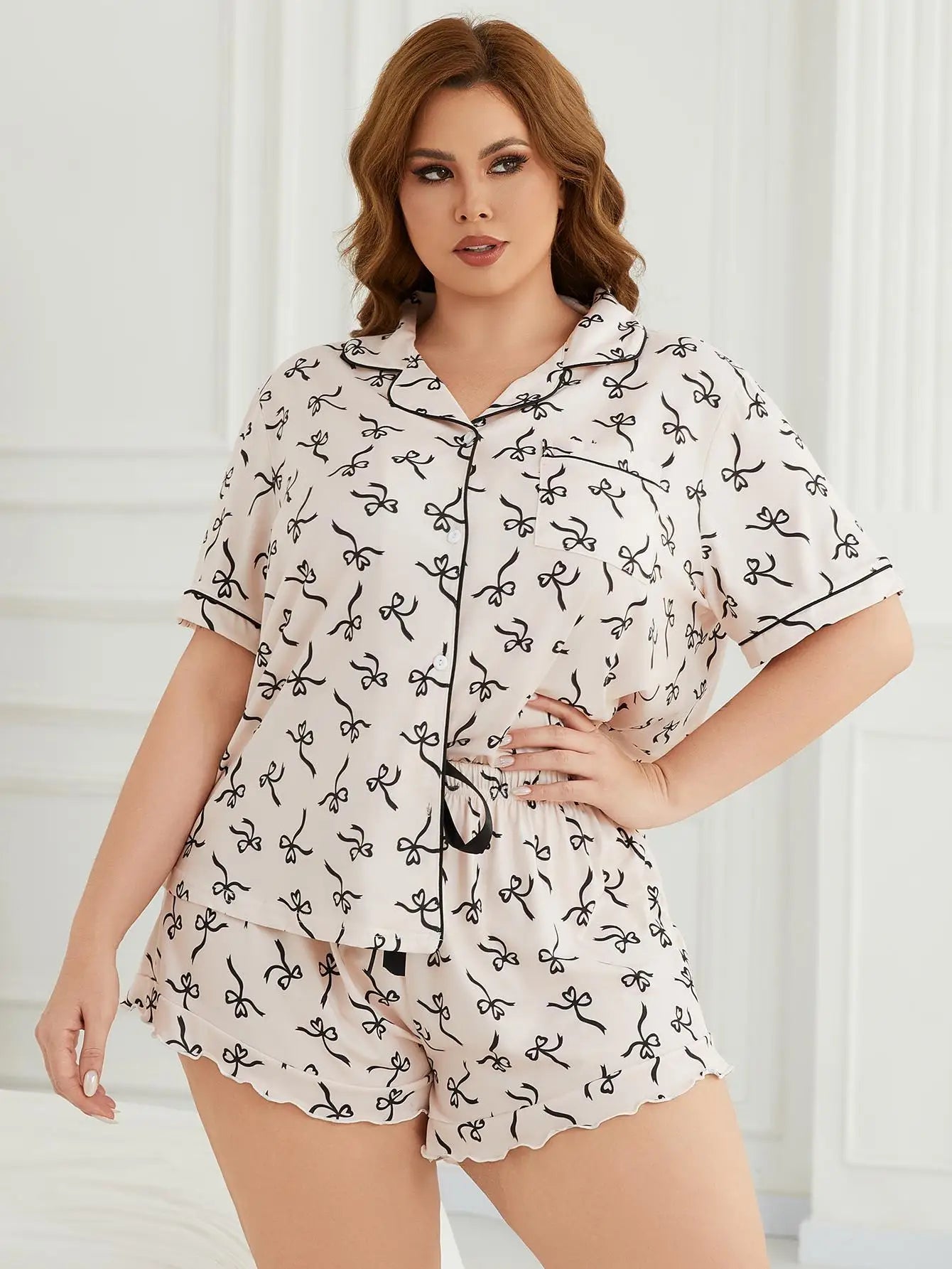 Plus Size Bow Tie Print Women Pajama Sets Short Sleeves Turn Down Collar Front Button Top & Shorts Female Sleepwear Nightwear