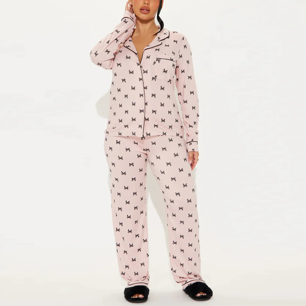 Bow Tie Print Women Pajama Set Long Sleeves Turn Down Collar Top & Full-Length Pants 2 Pieces Female Sleepwear Nightwear