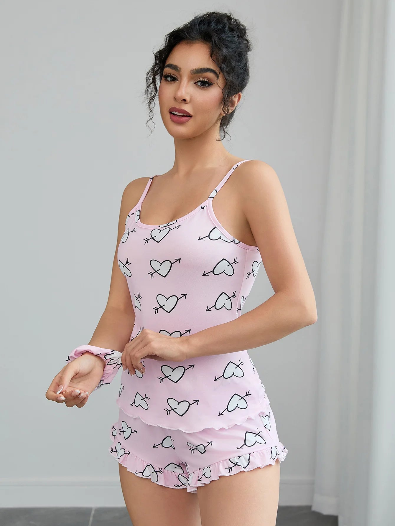 Heart Print Women's Pajamas Set Sleeveless Top & Ruffle Trim Shorts + Scrunchies Sleepwear Elastic Nightwear Homewear Cloth