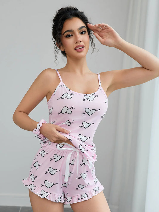 Heart Print Women's Pajamas Set Sleeveless Top & Ruffle Trim Shorts + Scrunchies Sleepwear Elastic Nightwear Homewear Cloth