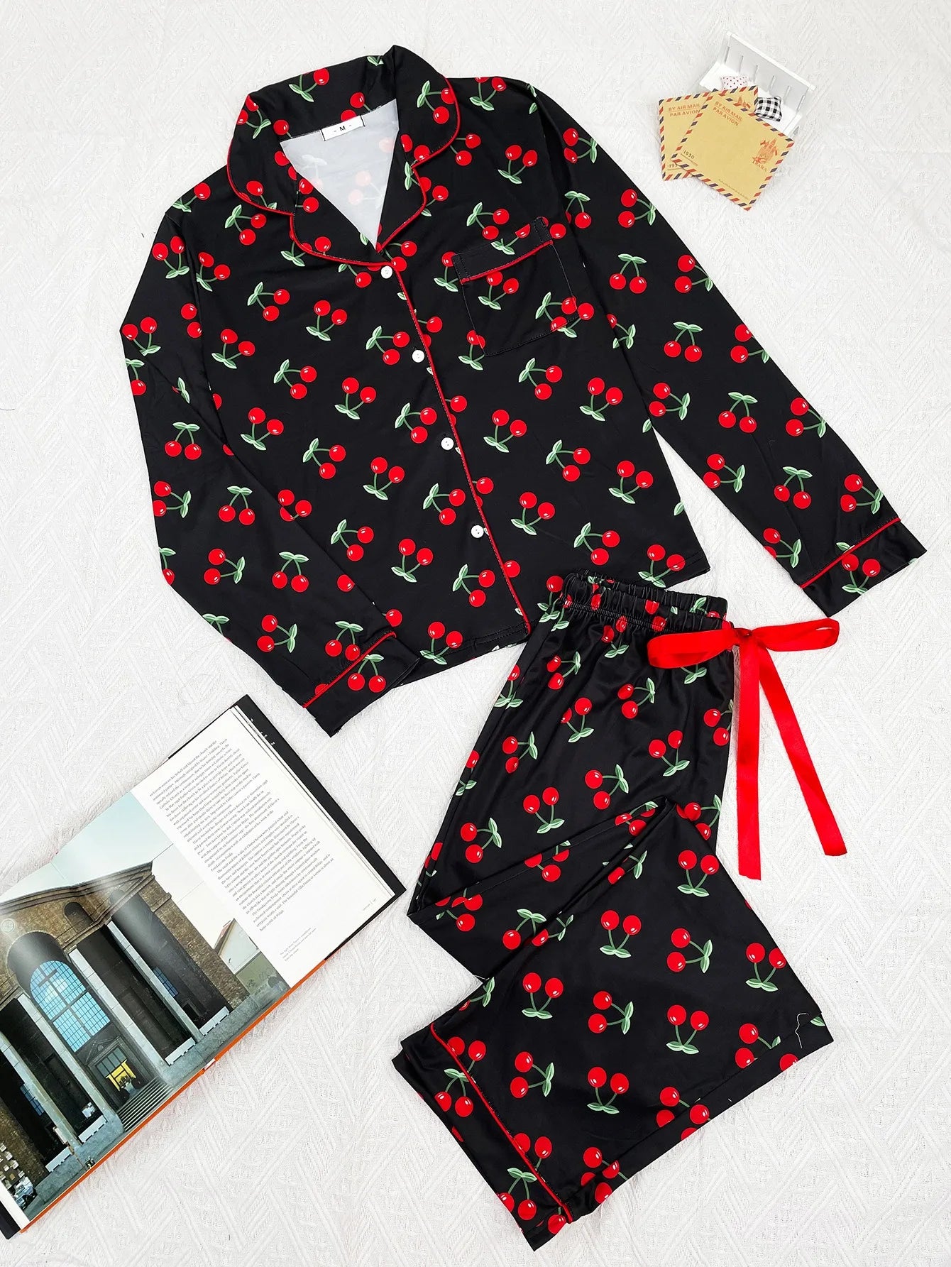 Cherry Print Women Pajama Set Long Sleeves Turn Down Collar Top & Full-Length Pants 2 Pieces Female Sleepwear Nightwear