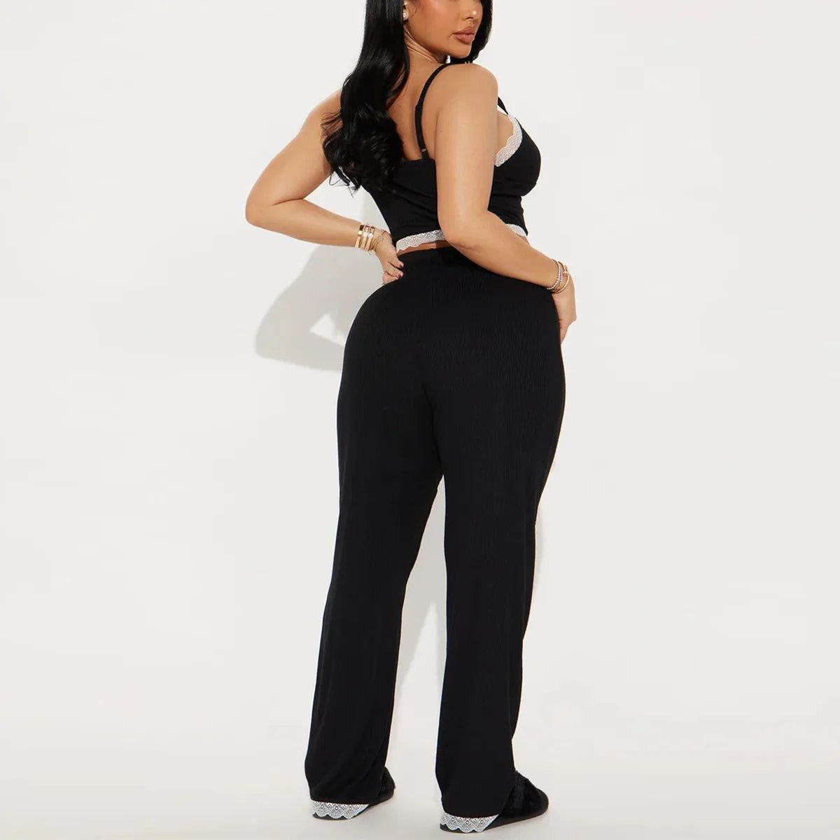 Lace Trim Women Pajama Set Sleeveless V Neck Crop Top & Elastic Waist Full-Length Pants 2 Pieces Female Sleepwear Nightwear