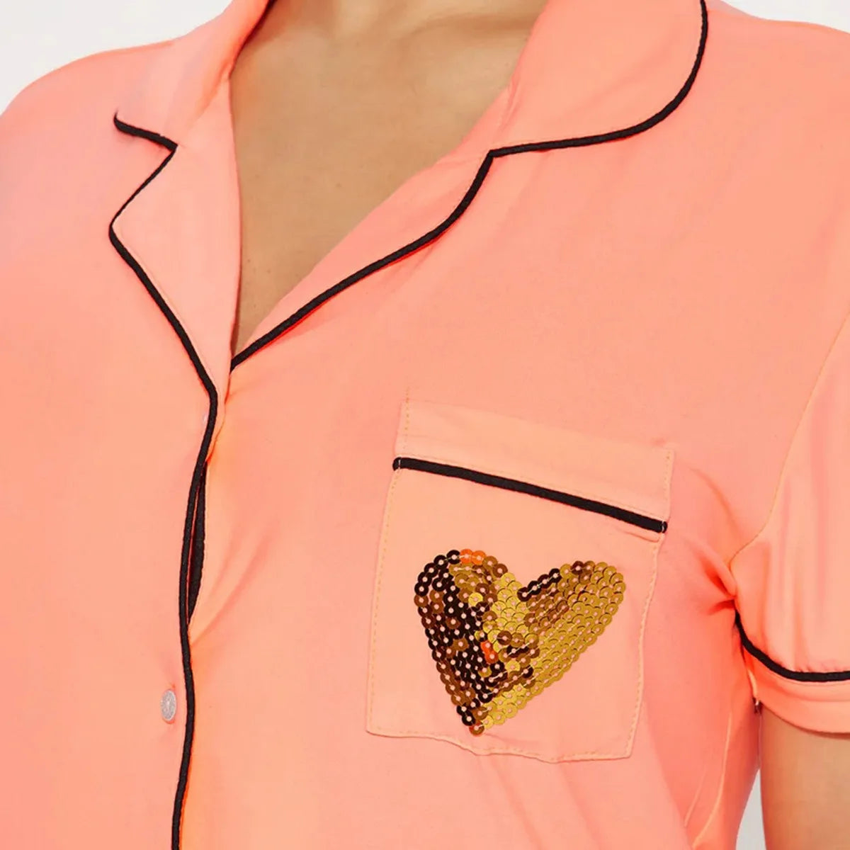 Gliter Heart Print Women's Pajamas Set Turn Down Collar Top & Full-Length Pants 2 Pieces Sleepwear Nightwear Solid Homewear