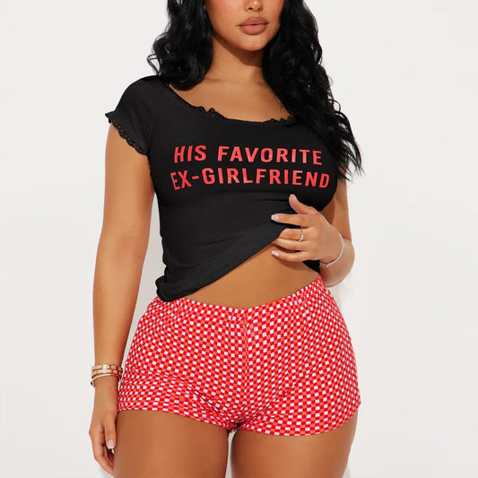 Women Pajama Set Short Sleeeves O Neck Letter Print Lace Top & Plaid Shorts 2 Pieces Female Sleepwear Summer Nightwear