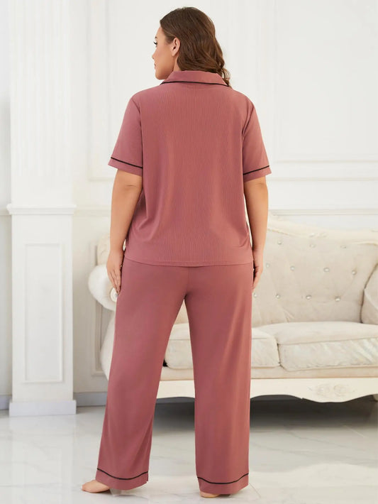 Plus Size Solid Women Pajama Sets Short Sleeves Front Button Turn Down Collar Top & Full-Length Pants 2 Pcs Sleepwear Nightwear